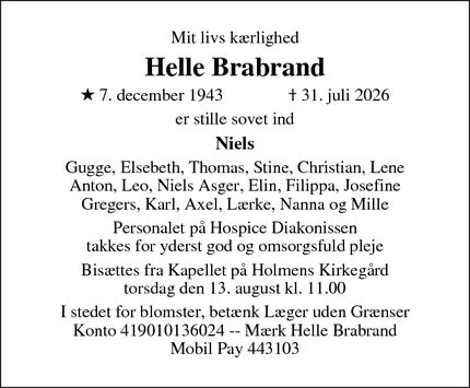 Dødsannoncen for Helle Brabrand - København