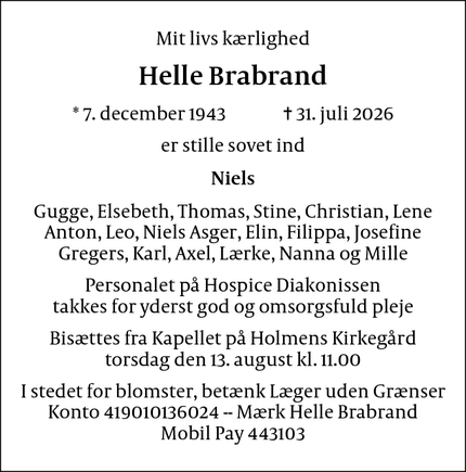 Dødsannoncen for Helle Brabrand - København