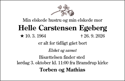 Dødsannoncen for Helle Carstensen Egeberg - Bramdrup