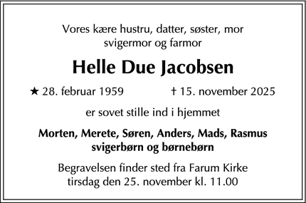 Dødsannoncen for Helle Due Jacobsen - 3520 Farum