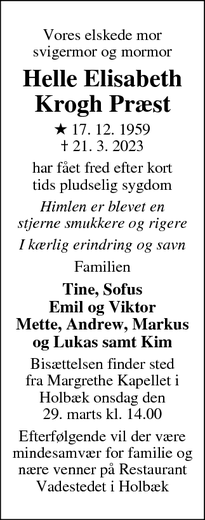 Dødsannoncen for Helle Elisabeth
Krogh Præst - Holbæk