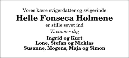 Dødsannoncen for Helle Fonseca Holmene - Skagen