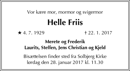 Dødsannoncen for Helle Friis  - Frederiksberg