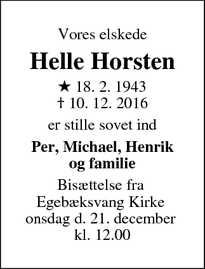 Dødsannoncen for Helle Horsten - Espergærde