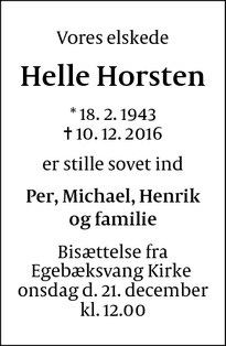 Dødsannoncen for Helle Horsten - Espergærde