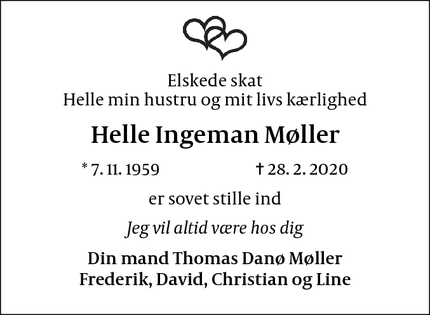 Dødsannoncen for Helle Ingeman Møller - Helsingør