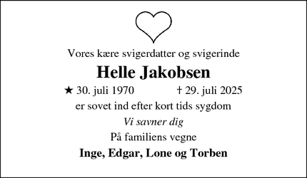Dødsannoncen for Helle Jakobsen - Give