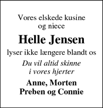 Dødsannoncen for Helle Jensen - Bregninge, Tåsinge