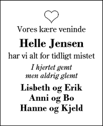 Dødsannoncen for Helle Jensen - Herning