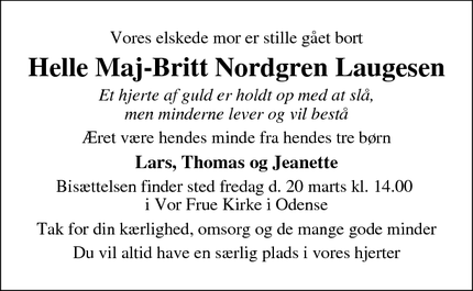 Dødsannoncen for Helle Maj-Britt Nordgren Laugesen - Odense