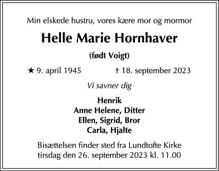 Dødsannoncen for Helle Marie Hornhaver - Kgs. Lyngby