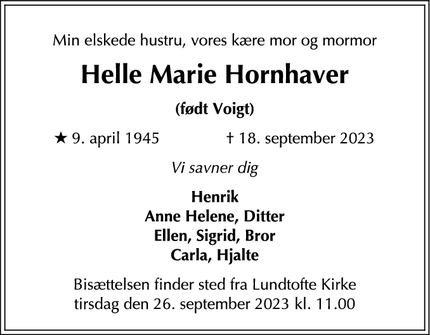Dødsannoncen for Helle Marie Hornhaver - Kgs. Lyngby