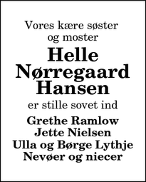 Dødsannoncen for Helle Nørregaard Hansen - ukendt