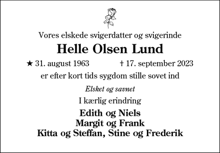 Dødsannoncen for Helle Olsen Lund - Billund