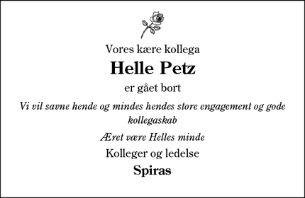 Dødsannoncen for Helle Petz - Kolding