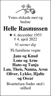 Dødsannoncen for Helle Rasmussen - Løjt kirkeby