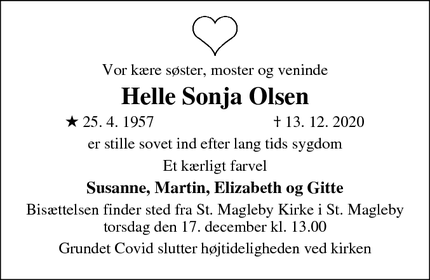 Dødsannoncen for Helle Sonja Olsen - Dragør