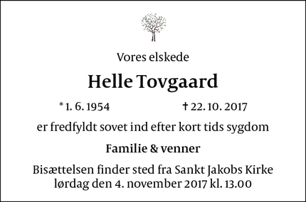 Dødsannoncen for Helle Tovgaard - København Ø