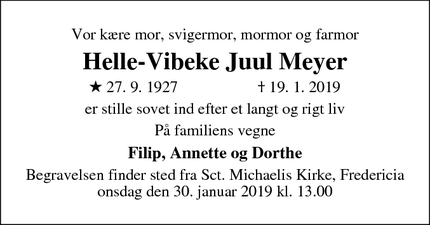 Dødsannoncen for Helle-Vibeke Juul Meyer - Fredericia