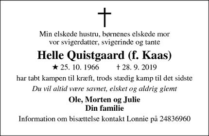 Dødsannoncen for Helle Quistgaard (f. Kaas) - Smørum