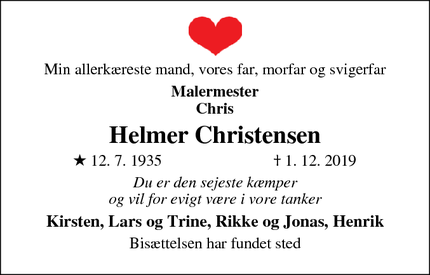 Dødsannoncen for Helmer Christensen - Brøndby Strand