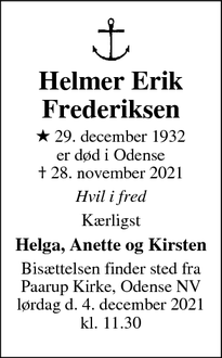 Dødsannoncen for Helmer Erik
Frederiksen - Odense