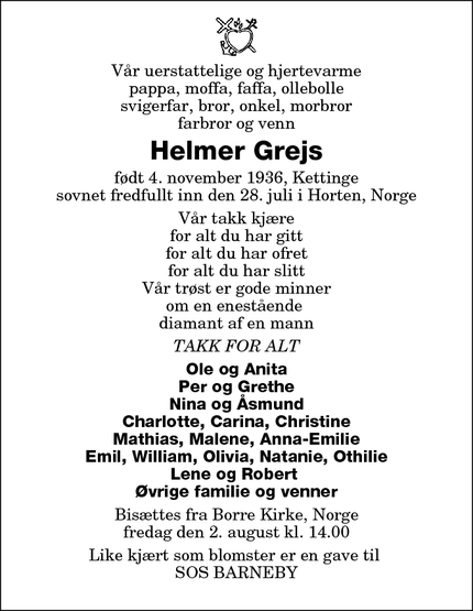 Dødsannoncen for Helmer Grejs - Horten