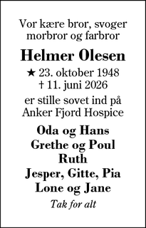 Dødsannoncen for Helmer Olesen - Sdr. Omme
