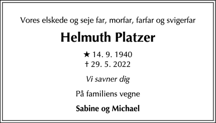 Dødsannoncen for Helmuth Platzer - Valby