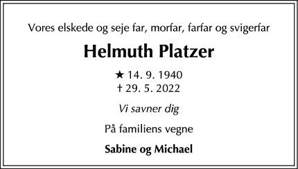 Dødsannoncen for Helmuth Platzer - Valby