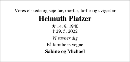 Dødsannoncen for Helmuth Platzer - Valby