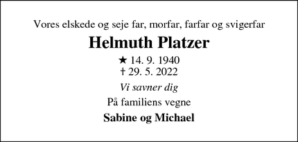 Dødsannoncen for Helmuth Platzer - Valby