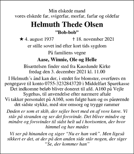Dødsannoncen for Helmuth Thede Olsen - Færøerne
