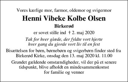 Dødsannoncen for Henni Vibeke Kolbe Olsen - Birkerød