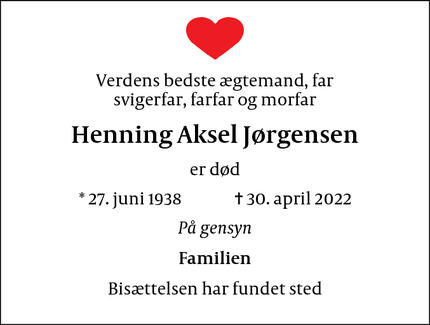 Dødsannoncen for Henning Aksel Jørgensen - Vanløse