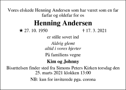 Dødsannoncen for Henning Andersen - Kolding
