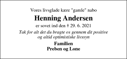 Dødsannoncen for Henning Andersen - Middelfart