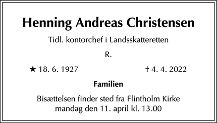 Dødsannoncen for Henning Andreas Christensen - Frederiksberg