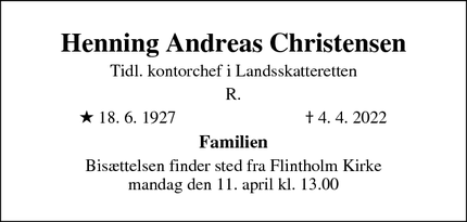 Dødsannoncen for Henning Andreas Christensen - Frederiksberg