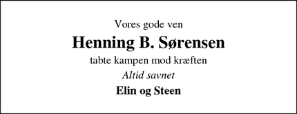 Dødsannoncen for Henning B. Sørensen - Skive