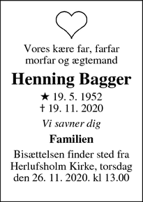 Dødsannoncen for Henning Bagger - Næstved