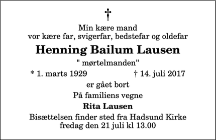 Dødsannoncen for Henning Bailum Lausen  - Hadsund