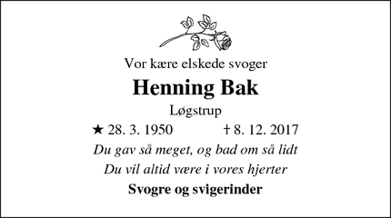 Dødsannoncen for Henning Bak - Løgstrup
