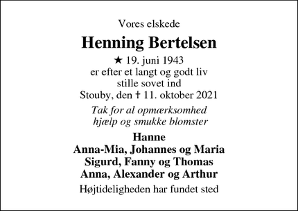 Dødsannoncen for Henning Bertelsen - 7140 Stouby