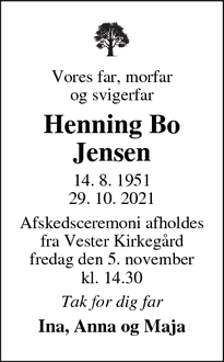 Dødsannoncen for Henning Bo
Jensen - København