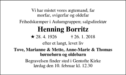 Dødsannoncen for Henning Borritz - Gentofte, Danmark