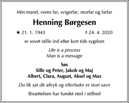 Dødsannoncen for Henning Børgesen - Hørsholm