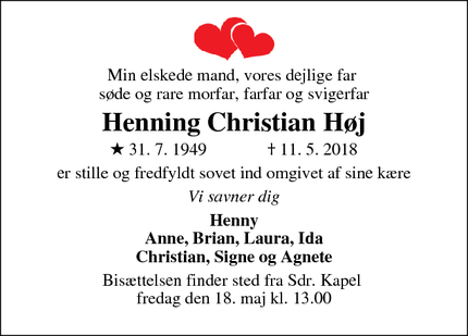 Dødsannoncen for Henning Christian Høj  - Kolding