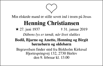 Dødsannoncen for Henning Christiansen - Herlev