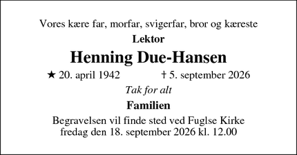 Dødsannoncen for Henning Due-Hansen - Kastrup